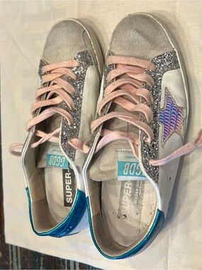 Golden Goose Women’s Pink Lace Sneakers with Silver Glitter and Blue Heel